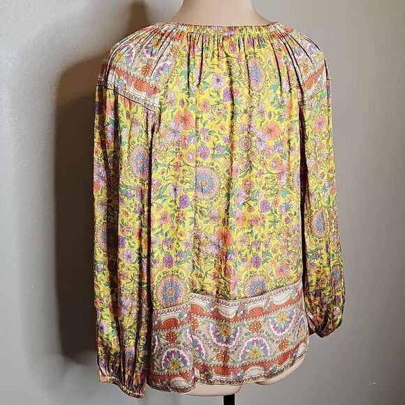 Current Air Yellow and Pink Floral Satin Long Sleeve Tie Front Peasant Blouse Sm - Picture 4 of 8